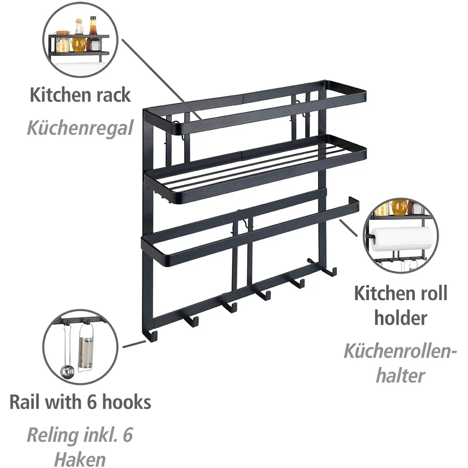 Wenko Multifunktionsregal Gala mit 6 Haken, Küchenhelfer aus pulverbeschichtetem Stahl.