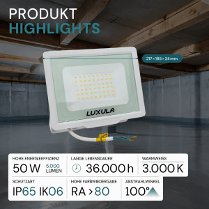 Weißer LUXULA LED Strahler 50W, 5000lm, 3000K, Slim Design, IP65, ideal als robuster Baustrahler.