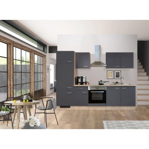 Moderne Einbauküche Morena in Basaltgrau und San Remo Eiche hell mit Elektrogeräten.