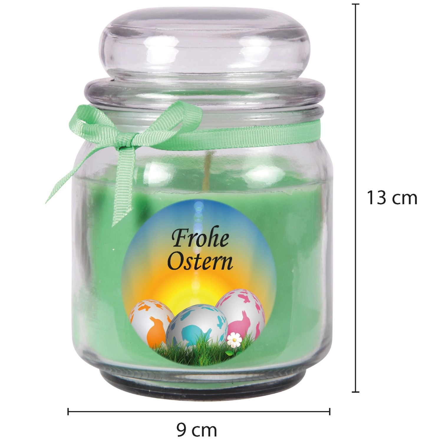 Duftkerze "Frohe Ostern" im Glas (Ø9cm) mit Kokos-Limetten Duft und Ostereier-Motiv.