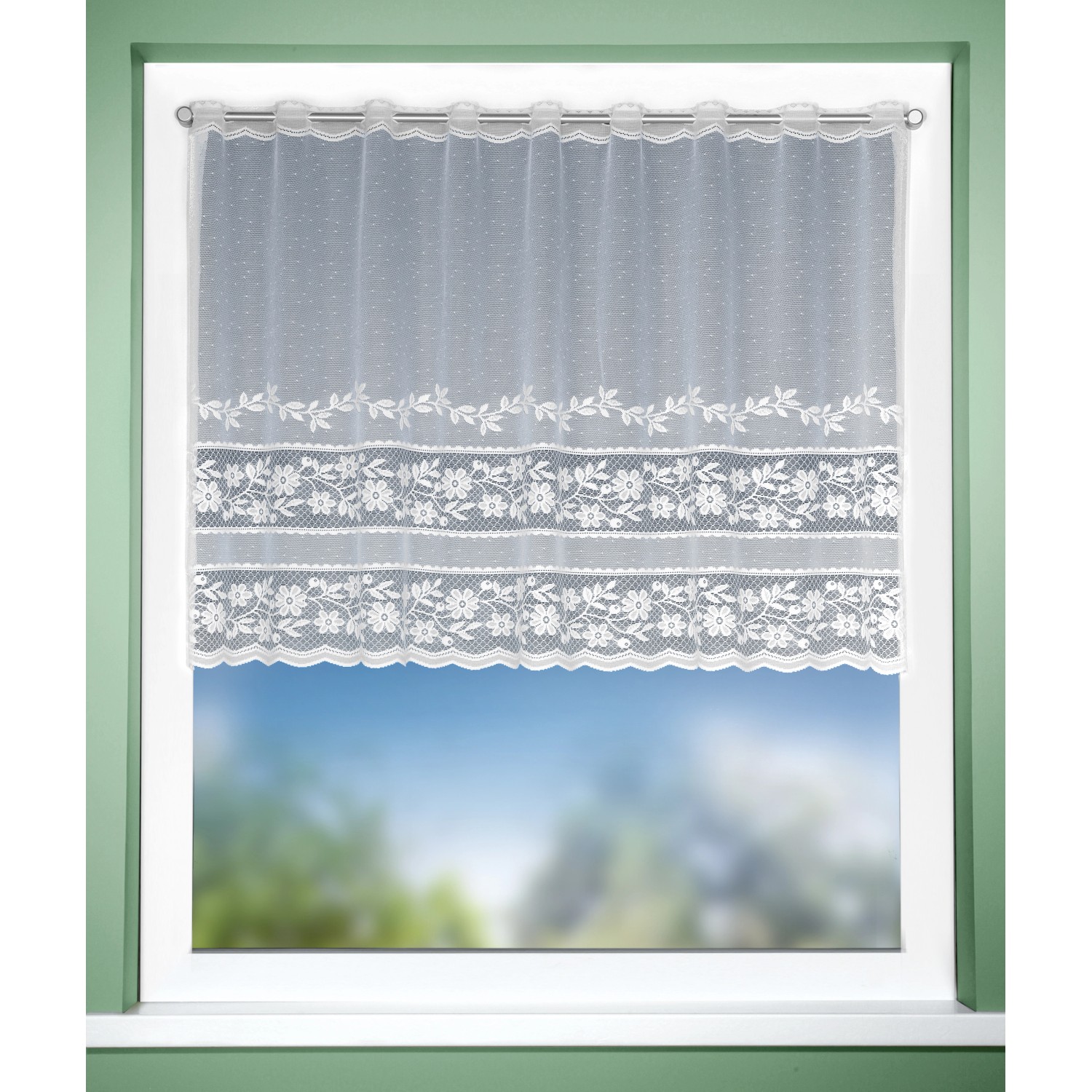 Weißes Jacquard-Panneau „Linz“ von Neusser Collection, 75x140 cm, mit floraler Bordüre für Fenstervorhänge.