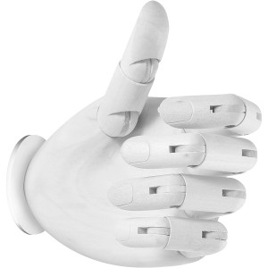 Weiße Just Light Wandleuchte in Form einer Hand mit erhobenem Daumen.