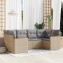 Beige 6-teilige Garten-Sofagarnitur aus Polyrattan mit grauen Kissen. Gartenmöbel für Terrasse und Balkon.