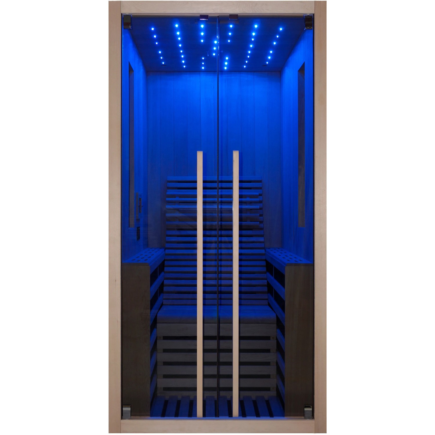 Sanotechnik Infrarotkabine Carbon 1 für 1 Person mit LED-Sternenhimmel und Glastür.
