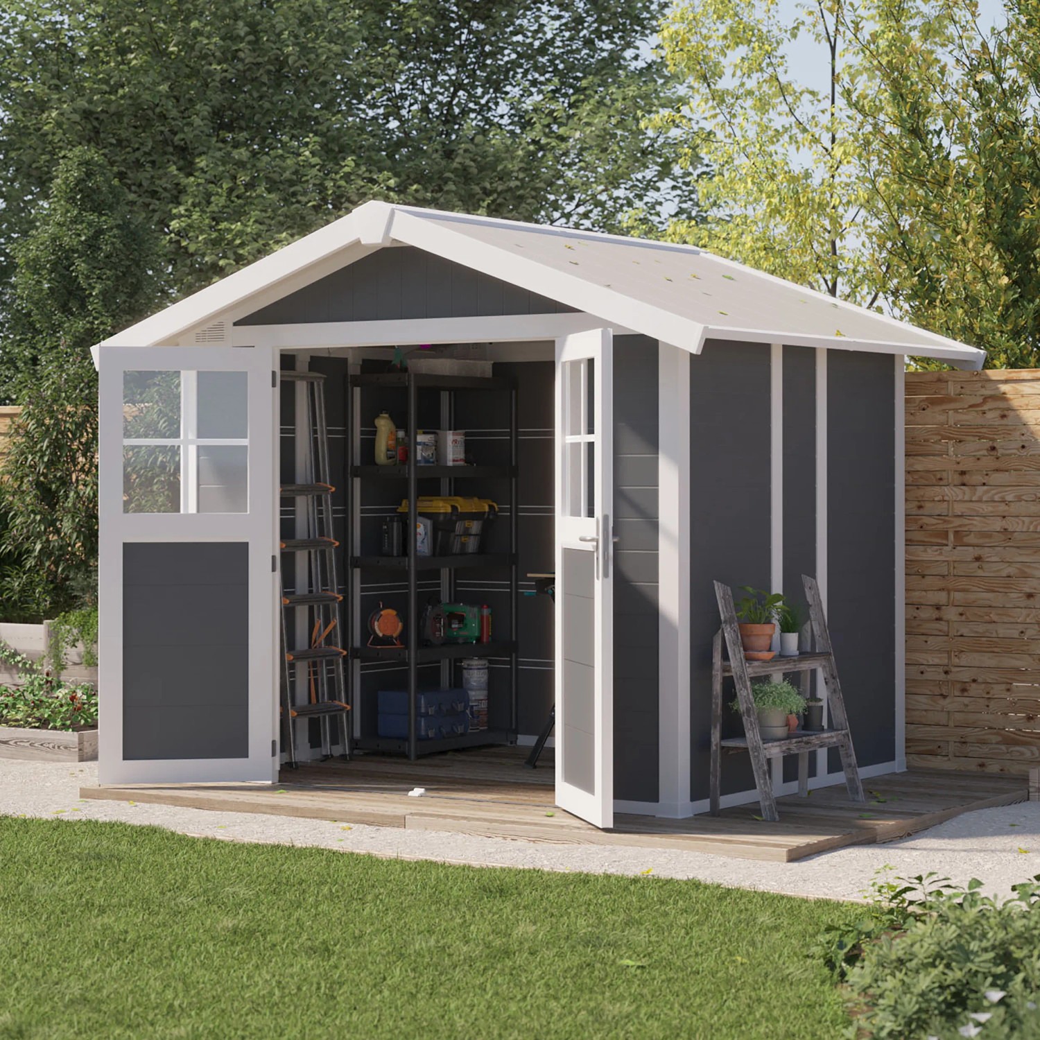Grosfillex Kunststoff-Gartenhaus Deco 4,9 in Dunkelgrau mit geöffneten Doppeltüren und Regalen.