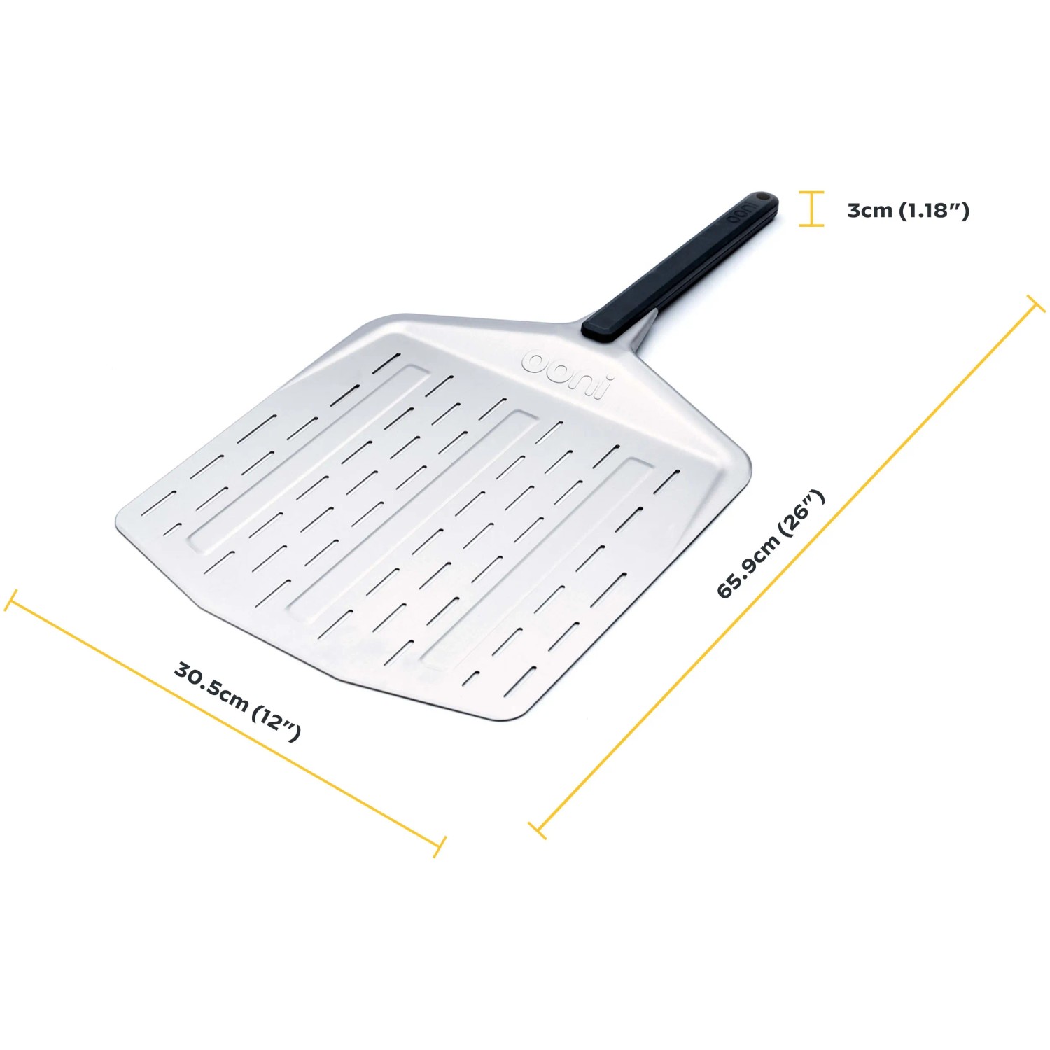 Ooni Pizzaschieber 12 (30 cm) aus Edelstahl mit perforierter Oberfläche und schwarzem Griff.