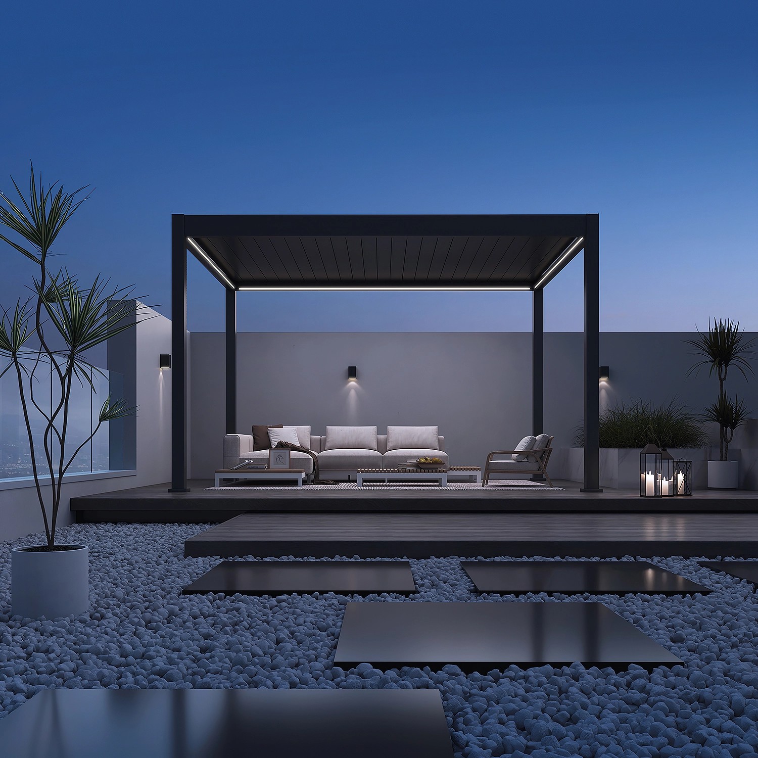 Anthrazitfarbene Weide Pergola 3,6x4m mit LED-Beleuchtung im Garten.