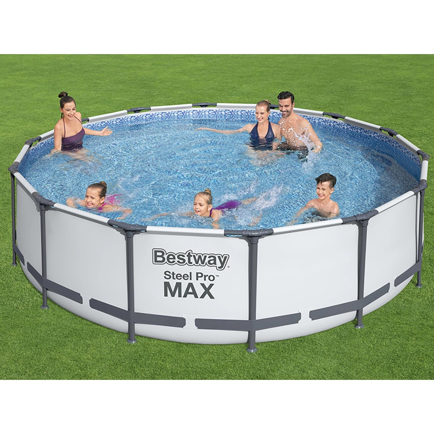 Bestway Stahlrahmenpool Steel Pro Max, Ø 427 cm, mit Familie im Wasser.
