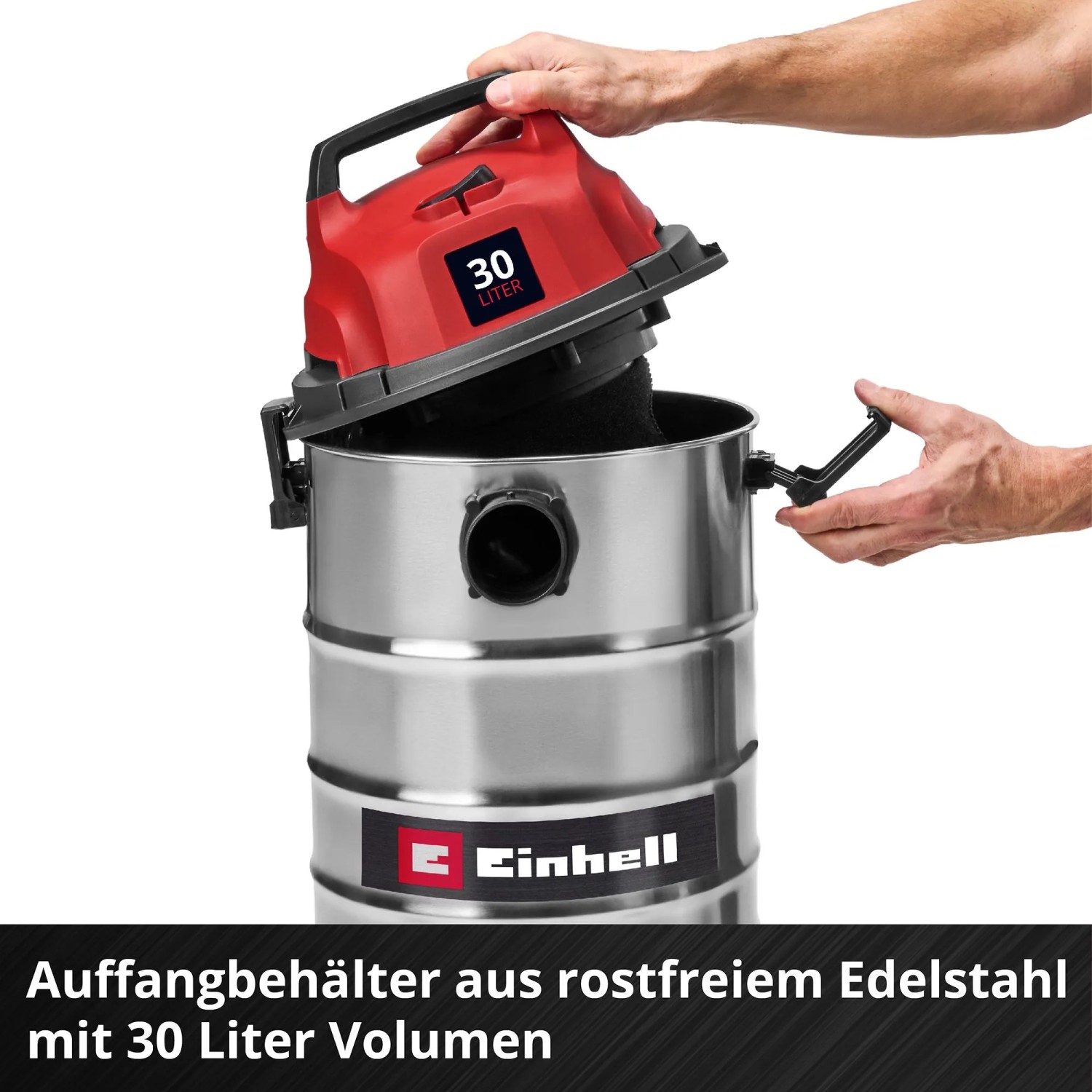 Einhell Nass-Trockensauger TC-VC 3055 S mit 30 Liter Edelstahlbehälter, geöffnet. Roter Motorkopf.