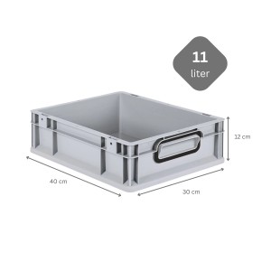 Graue PROREGAL Eurobox mit Scharnierdeckel, 11 Liter. Aufbewahrungsbox mit schwarzen Griffen.