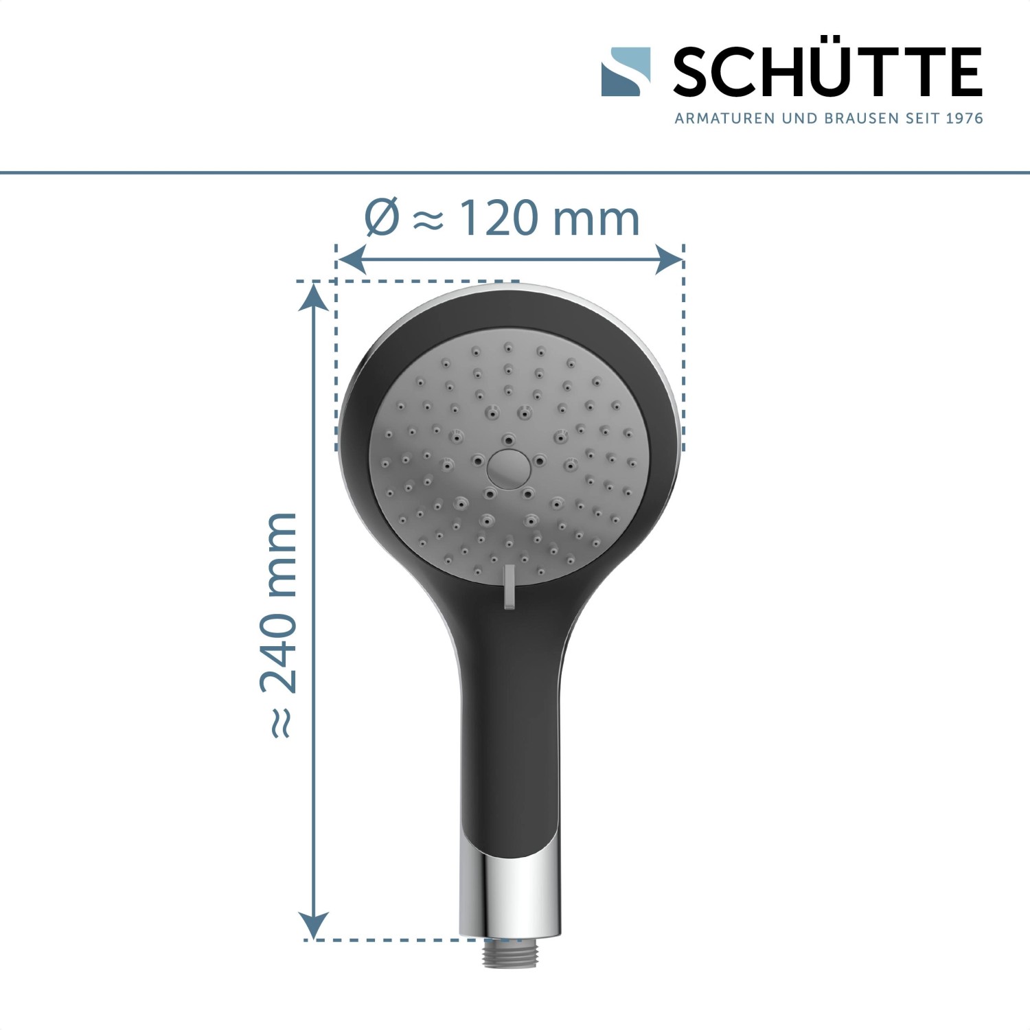 Schütte Handbrause Broadway, schwarz/chrom, mit Antikalk-Noppen und 5 Strahlarten.