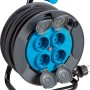 Kabeltrommel, 4-fach, IP44, schwarz-blau, 20 m Kabel. Steckdosenleiste für den Außenbereich.