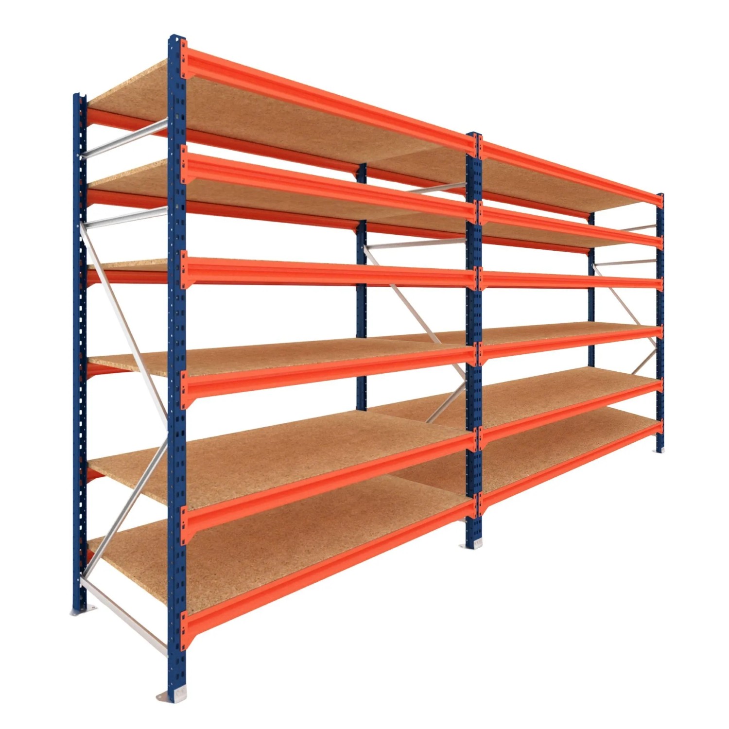 PROREGAL Weitspannregal Schwerlastregal DOMINUS Komplettregal 2 Felder 200x300x40cm 6 Ebenen Spanplatten-Fachboden Fachlast 500 kg Blau/Orange