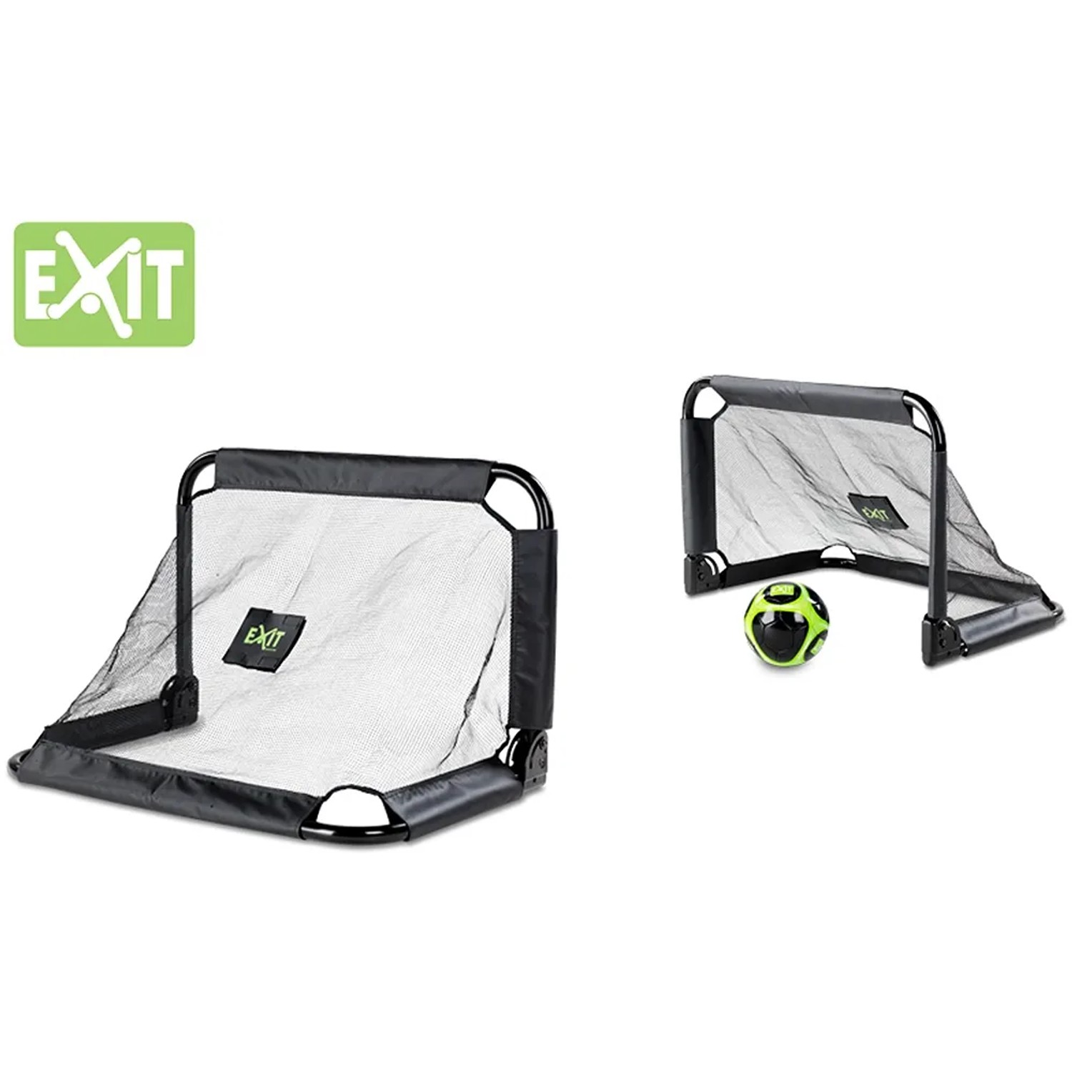 Set aus zwei schwarzen EXIT Pico Fußballtoren (90x60cm) aus Stahl für Spiel und Spaß.