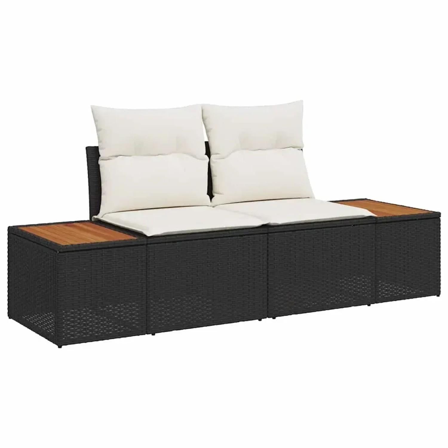 Schwarzes 7-teiliges Garten-Sofa-Set aus Poly Rattan mit hellen Kissen und Holzablage.