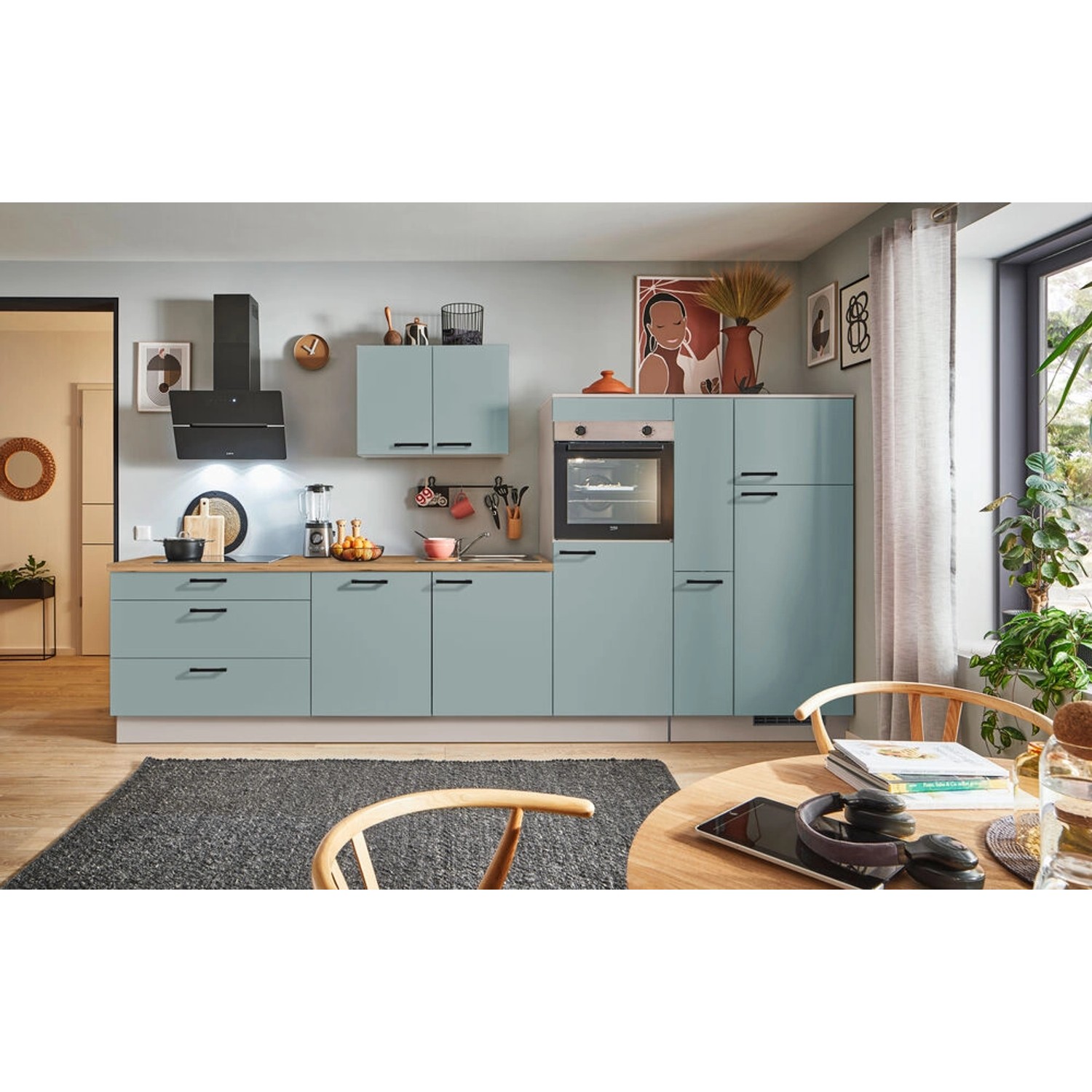 pino Küchenzeile 370 cm Fjordgrün Anschlag rechts 1 Geräte-, 1 Apothekerschrank