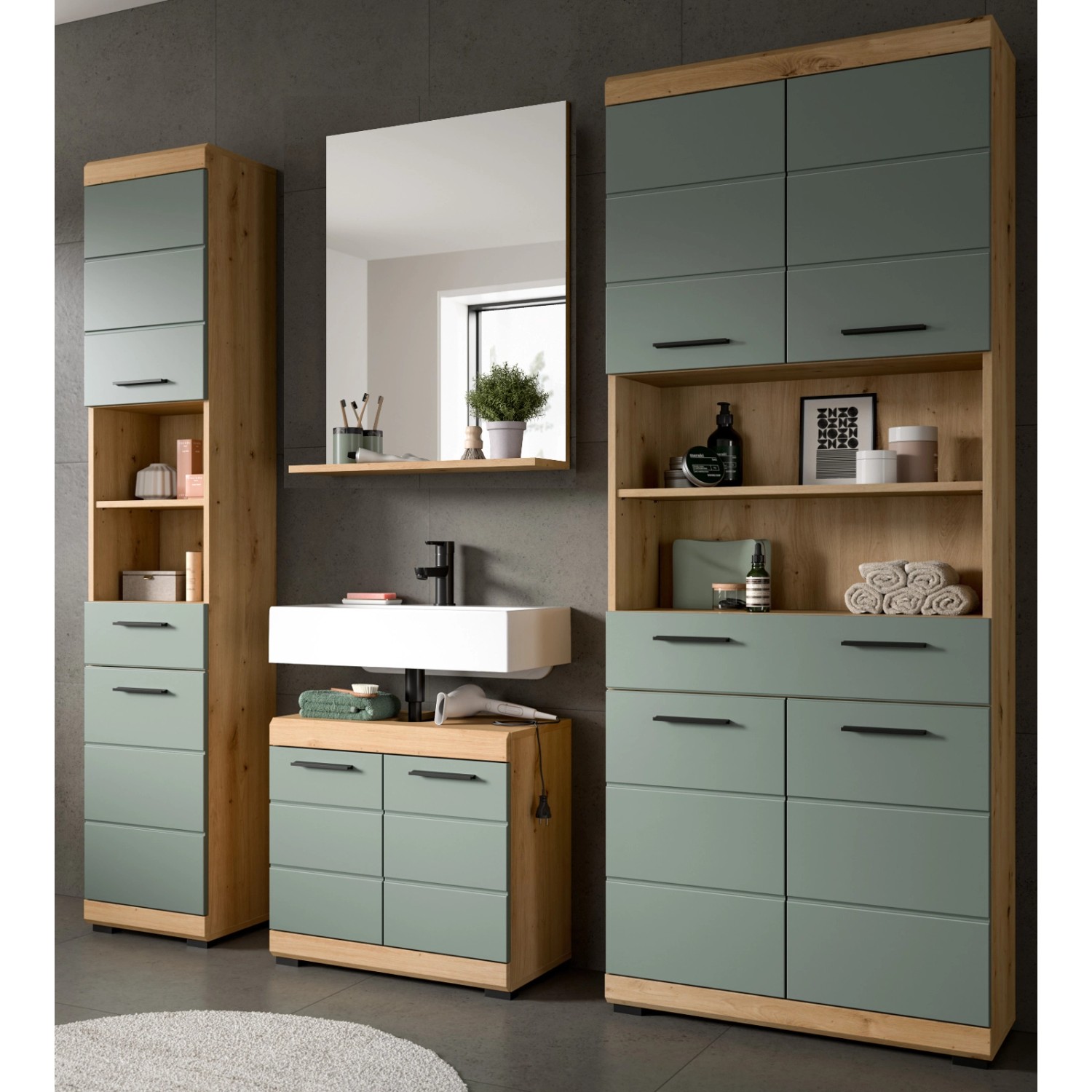 Inn.Furn Badmöbel Set 200 cm in Grün und Eiche 4-teilig Shawn günstig online kaufen