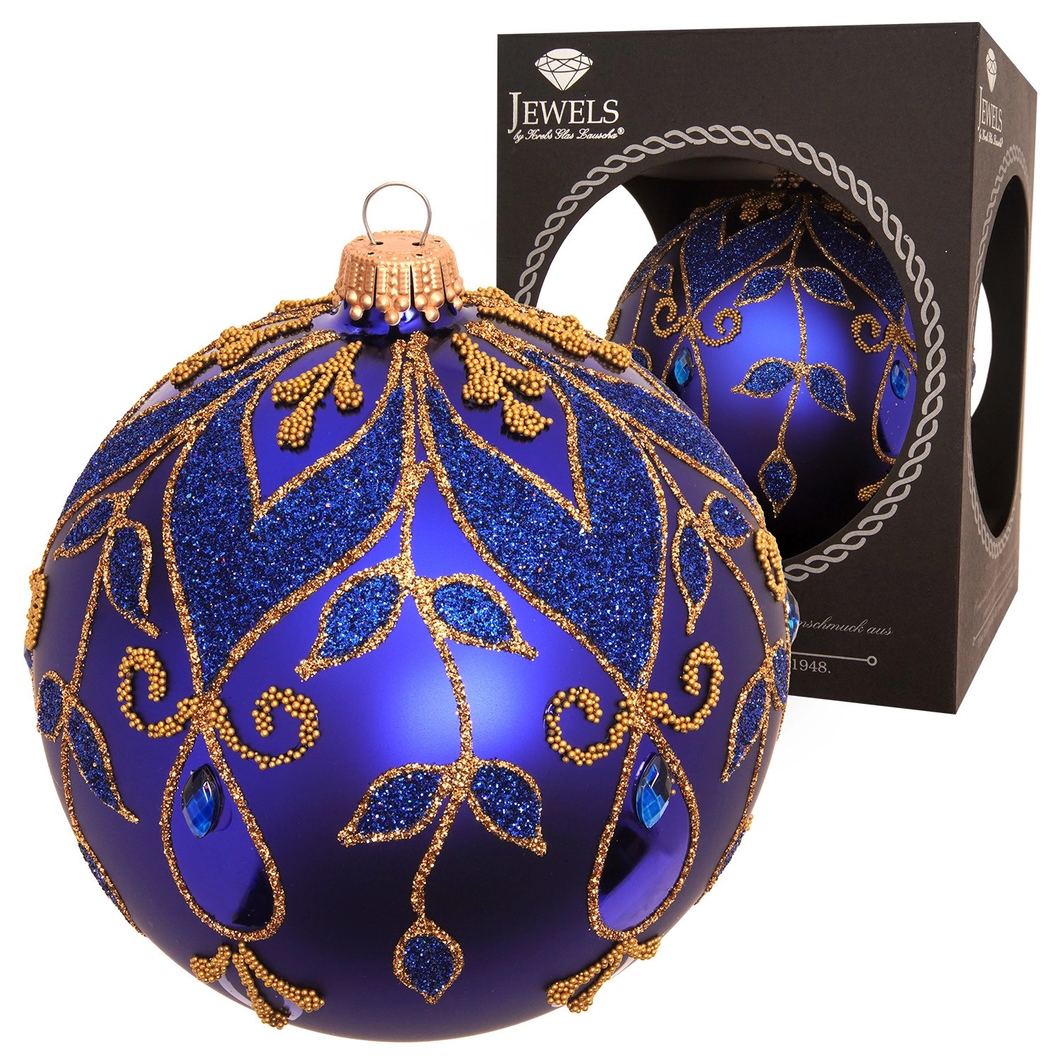 Krebs Glas Lauscha Weihnachtskugel Strassdesign Blätterranken Blau 10cm