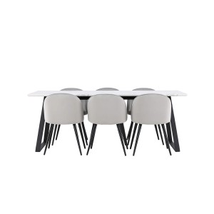 ebuy24 Malaga Essgruppe mit weißem Tisch und 6 grauen Skagen Velours Stühlen.
