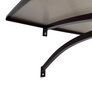Detailansicht: Gebogenes STARKEDACH Vordach mit Aluminiumrahmen in Braun (RAL 8017) und Polycarbonatbeschichtung.