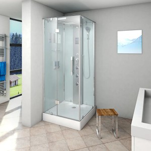 AquaVapore Komplettdusche D38-20L0, 100x100 cm, mit Glasfront und weißen Rückwänden im Badezimmer.