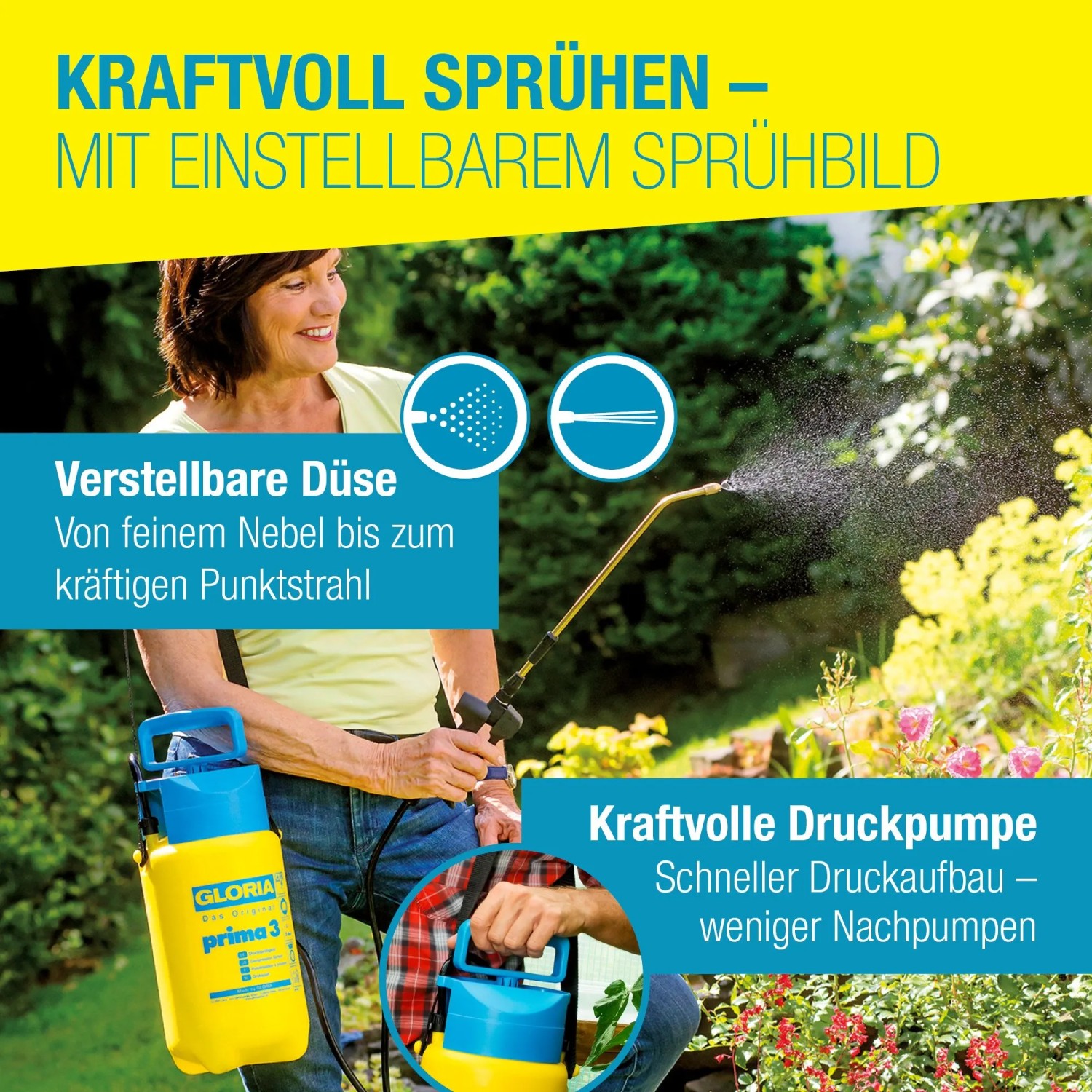 Gloria Prima 3 Drucksprüher im Einsatz: Gelb-blaue Gartenspritze mit Messinglanze für Pflanzenpflege.