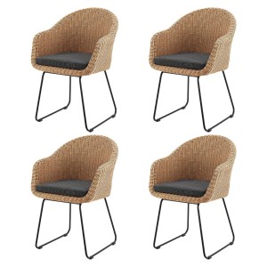 4er Set Juskys Gartenstühle Cody aus Rattan mit schwarzen Eisenbeinen und Sitzkissen.