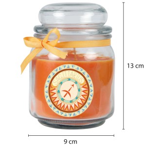 Duftkerze Schütze im Glas mit Honigmelonen-Duft, verziert mit Schleife.