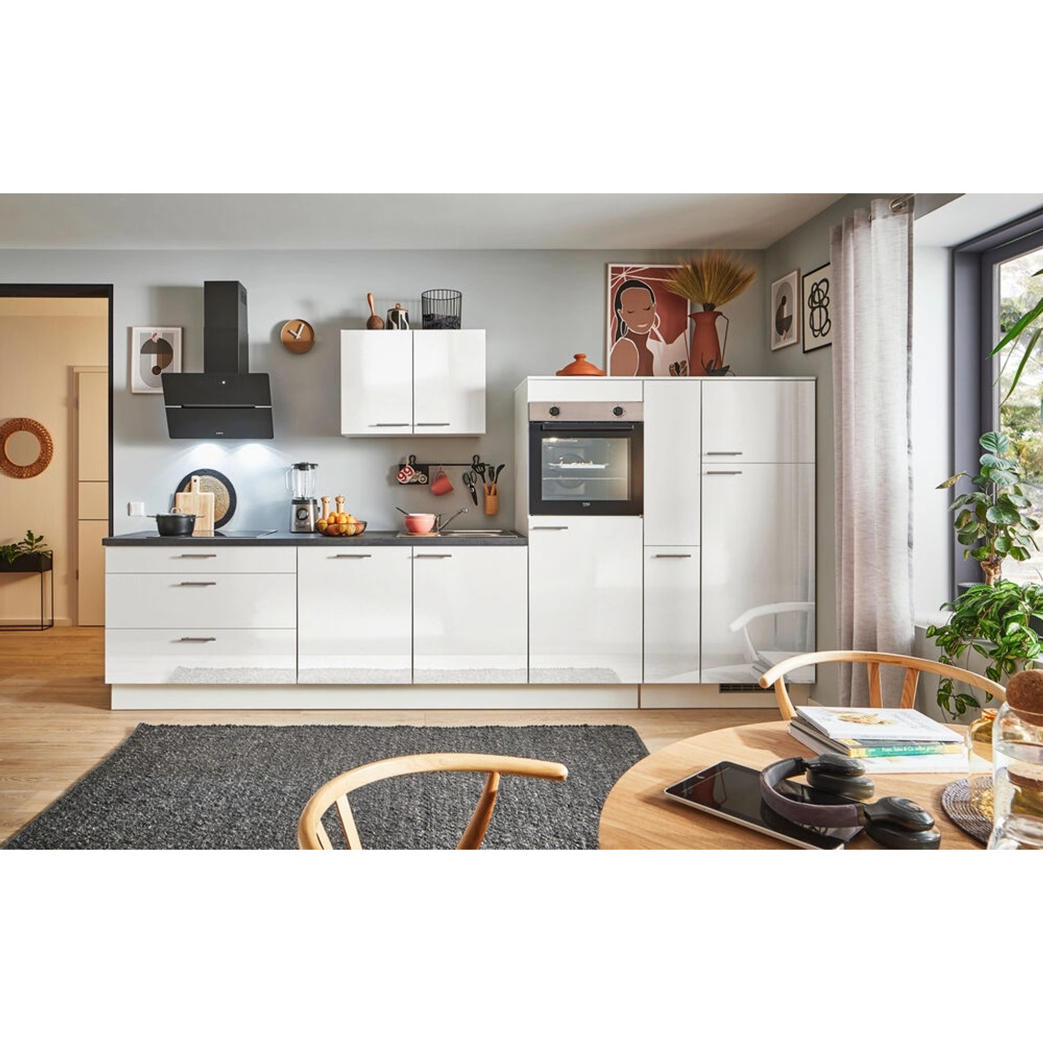 pino Küchenzeile 360cm Weiß Hochglanz Anschlag R 1 Geräte-, 1 Apothekerschr günstig online kaufen