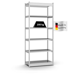 Lichtgraues PROREGAL Fachbodenregal, Stecksystem, 6 Ebenen, 250x132,5x40 cm, Fachlast 200 kg.