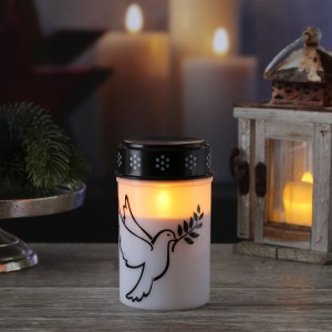 Weißes LED Grablicht mit Taube und Timer, 12cm hoch. Trauerlicht für den Friedhof.