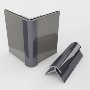 Anthrazit Alu Außeneckprofil (RAL7016) für 3mm Platten, an Ecke montiert und als Einzelstück. Schützt Kanten von Wandpaneelen.