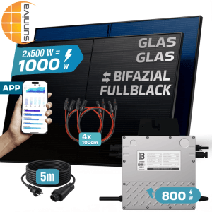 SUNNIVA Balkonkraftwerk 1000W mit 800W Wechselrichter, bifaziale Fullblack Glas-Glas Solarmodule und Zubehör.