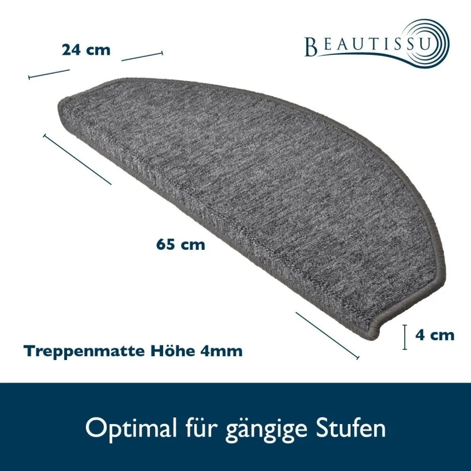 Graue, halbrunde Beautissu Treppenstufenmatte ProStair, 55x15cm.