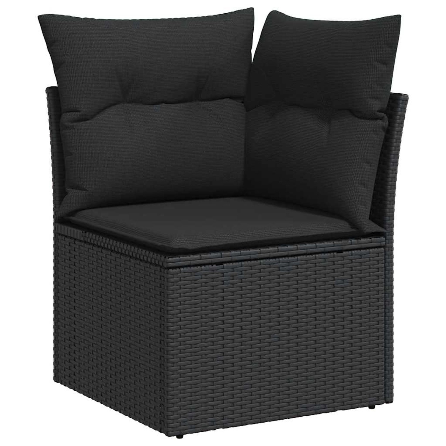 Schwarzes vidaXL Garten-Ecksofa aus Rattan mit Kissen, Teil einer Sofagarnitur.