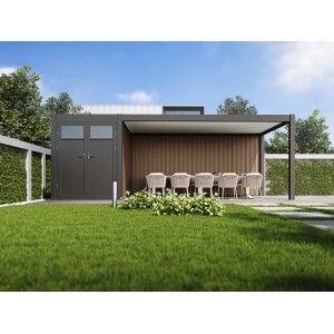 Moderner, anthrazitfarbener Weide Carport mit Abstellraum und Aluminium Pergola im Garten.