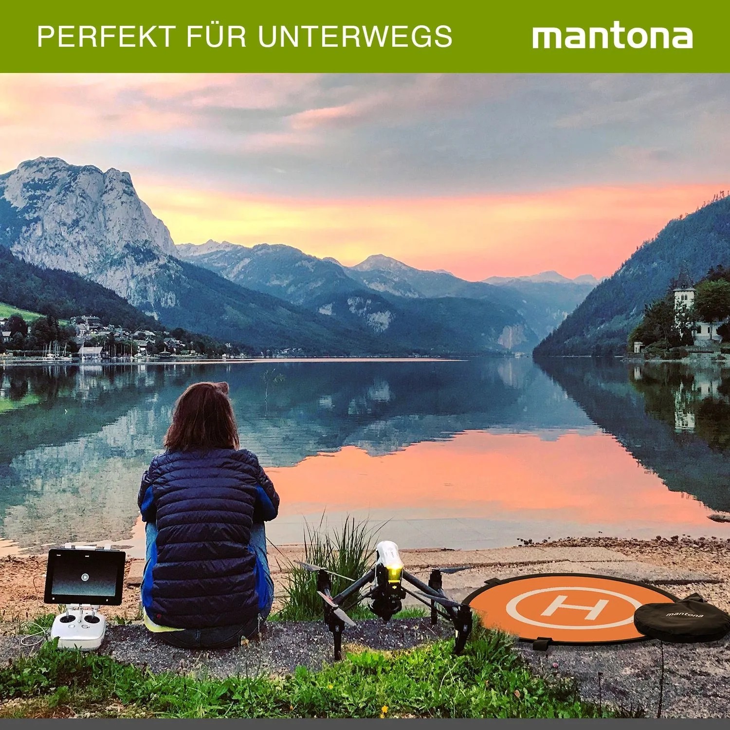 Mantona Drohnen-Landeplatz faltbar, Ø 75 cm, orange, mit Drohne und Person am See. Ideal für sichere Starts & Landungen.