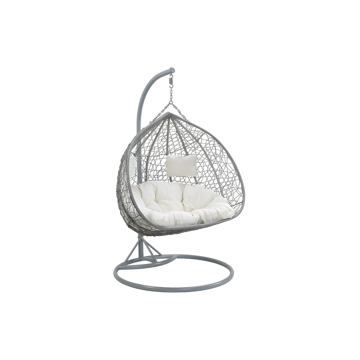 Grauer Vente-unique Cayambe Hängesessel aus Polyrattan für 2 Personen mit weißen Kissen und Standfuß.
