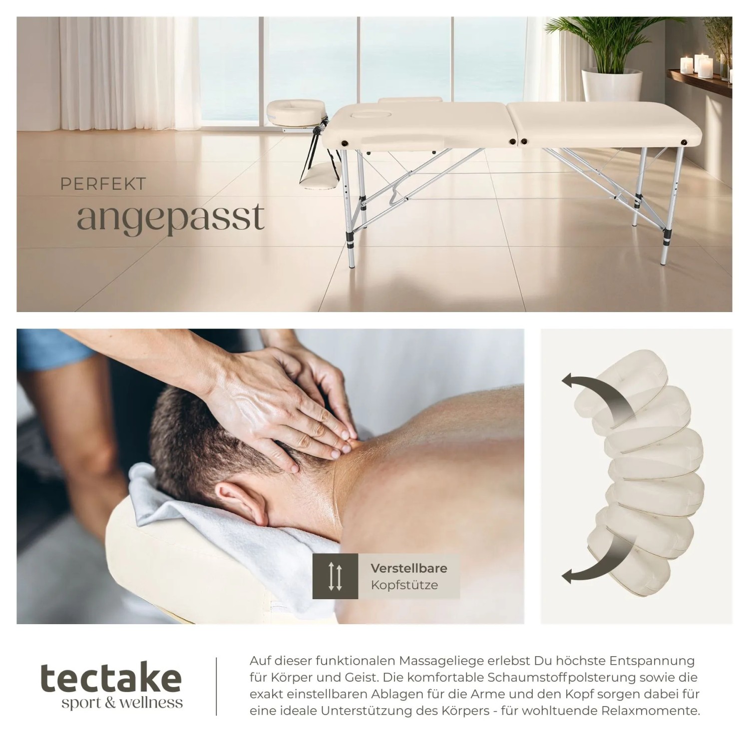 Beige Tectake Massageliege, 60 cm breit, mit Tragetasche. Klappbare Sonnenliege mit verstellbarer Kopfstütze.