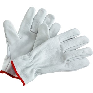 Weiße Leder Gartenhandschuhe Größe 7 mit rotem Saum für Gartenarbeiten.