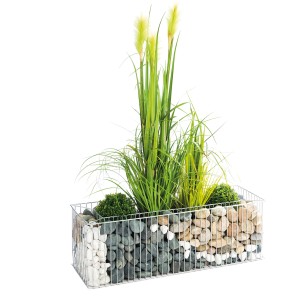 Wilk Gabionen-Pflanzgefäß Emerald S, 72 cm, feuerverzinkt, befüllt mit Steinen und Pflanzen.