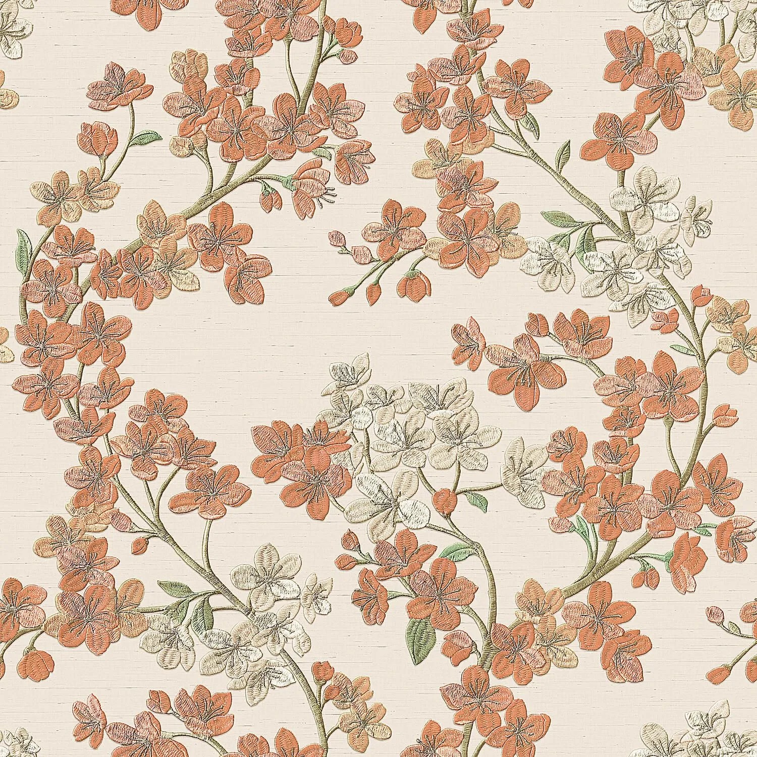 PROFHOME Gr322202-Di Blumen Tapete Floral Beige Lachs-Orange Grün Weiß 0,53 m x 10,05 m  5,33 m2