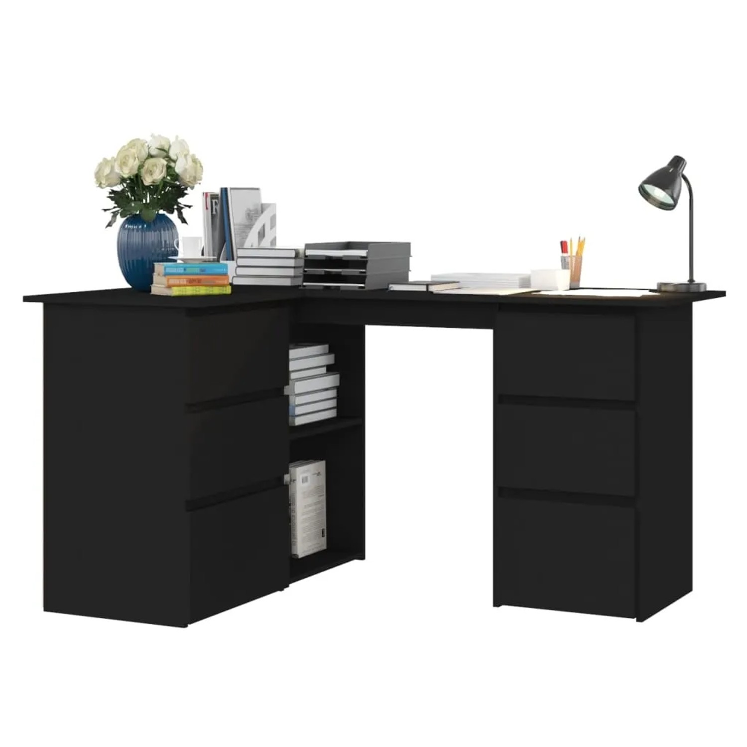 Schwarzer vidaXL Eckschreibtisch (145x100x76 cm) aus Holzwerkstoff mit Schubladen und Regalen.