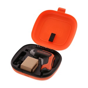 Black+Decker Akku-Schrauber 3,6V mit Bits und Ladegerät in orangefarbener Aufbewahrungsbox.