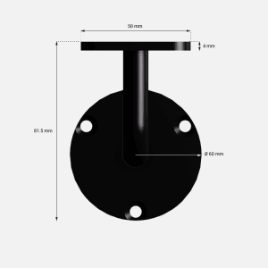 Detailaufnahme: Schwarze Halterung für Kordo Wandhandlauf-Set, Maße sichtbar.