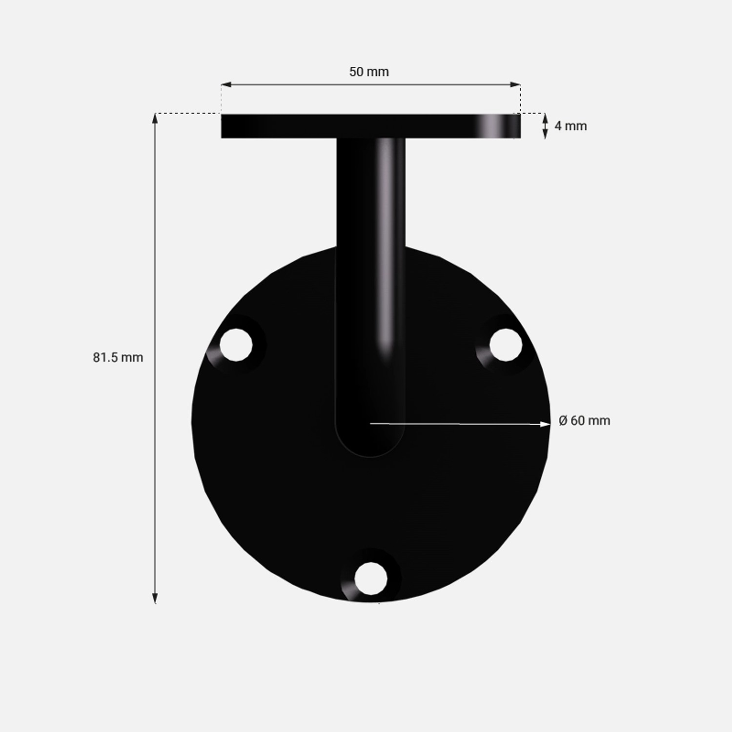 Detailaufnahme: Schwarze Halterung für Kordo Wandhandlauf-Set, Maße sichtbar.