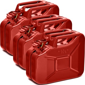 3 rote BW Kraftstoffkanister aus Metall, je 10 Liter, für Benzin, Diesel & E10.