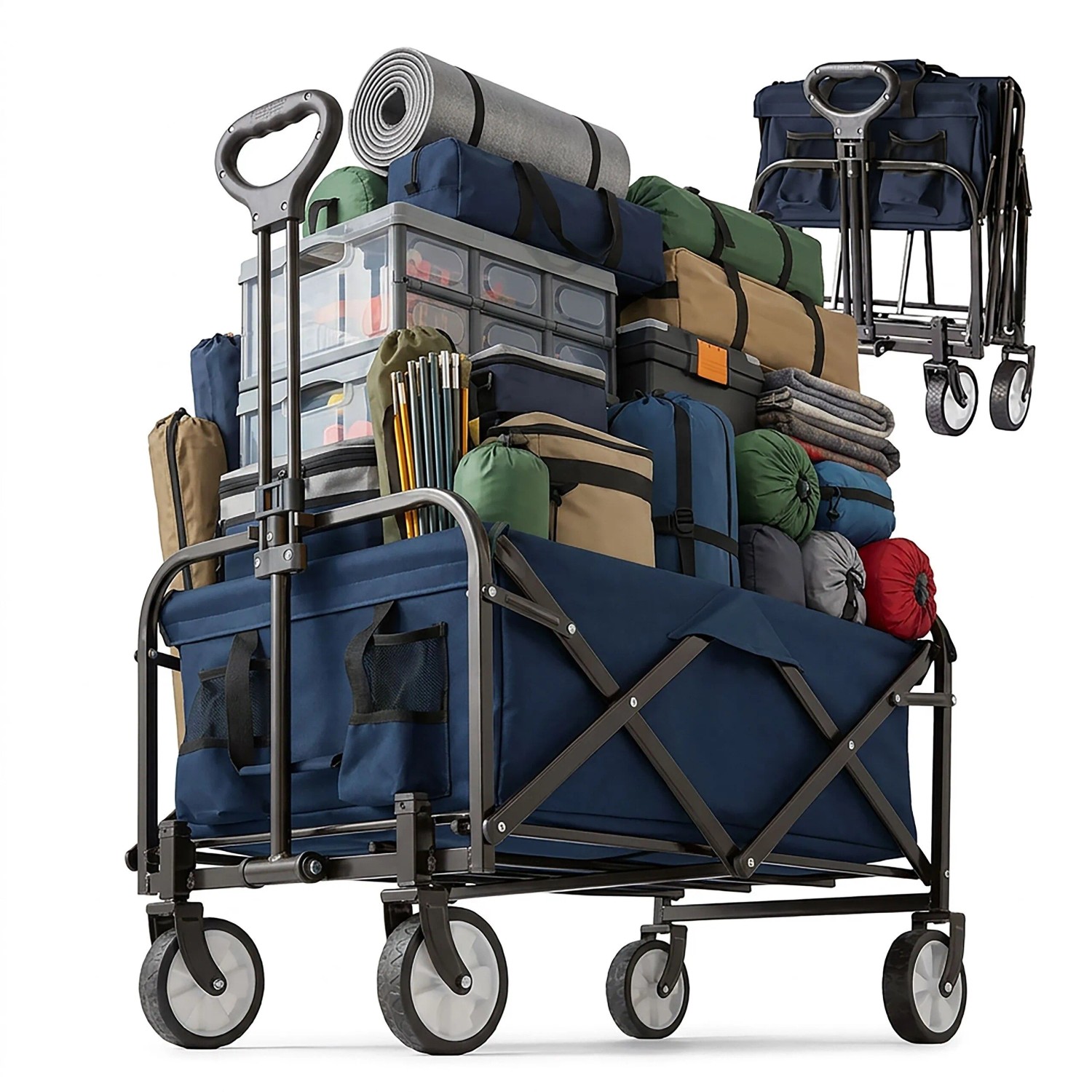 Relaxdays Bollerwagen Stahl Blau Faltbar Höhenverstellbar 64 cm x 50 cm x 72 cm 6,5 kg