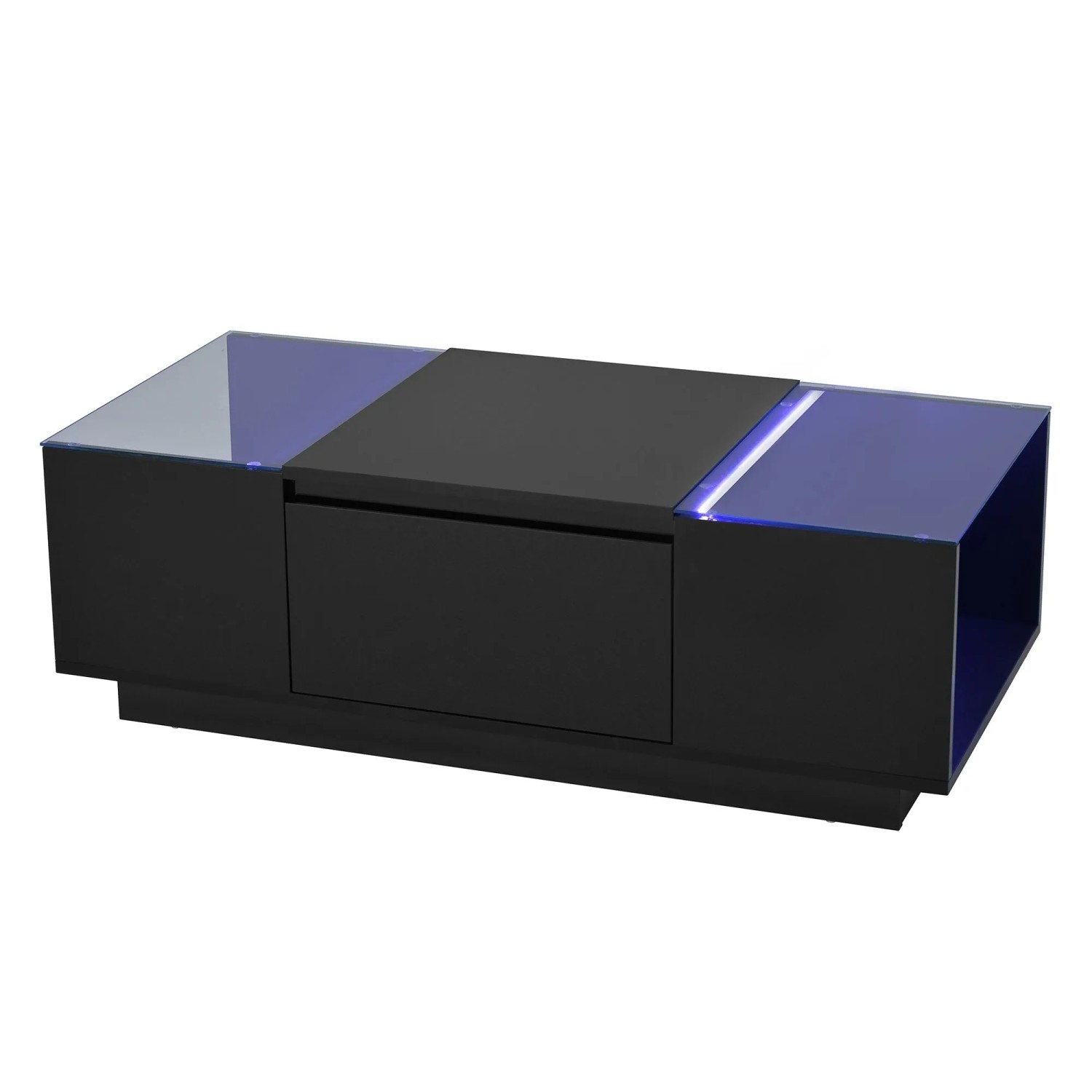 PXloue Couchtisch mit LED 16 Farben Glasplatte Schwarz Hochglanz Schubladen