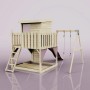 PolarPlay Spielturm Alma mit Schaukel, Rutsche und Leiter aus Holz, altrosa Akzente.